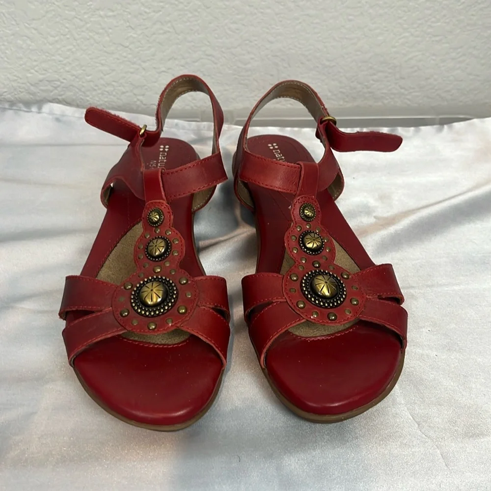 Naturalizer Red Leather T-Strap Sandals with Brass Accents - Picture 1 of 10